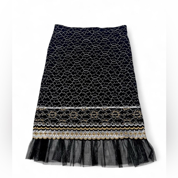 Betsey Johnson Dresses & Skirts - Betsey Johnson Black Lace-Trim Midi Skirt with Gold & White Accents